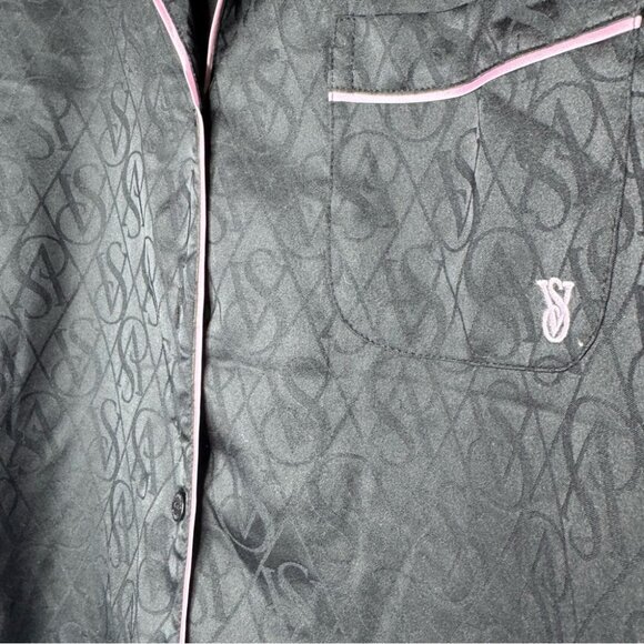 Victoria secret button down long sleeve shirt black VS logo print pockets pink - Picture 10 of 11
